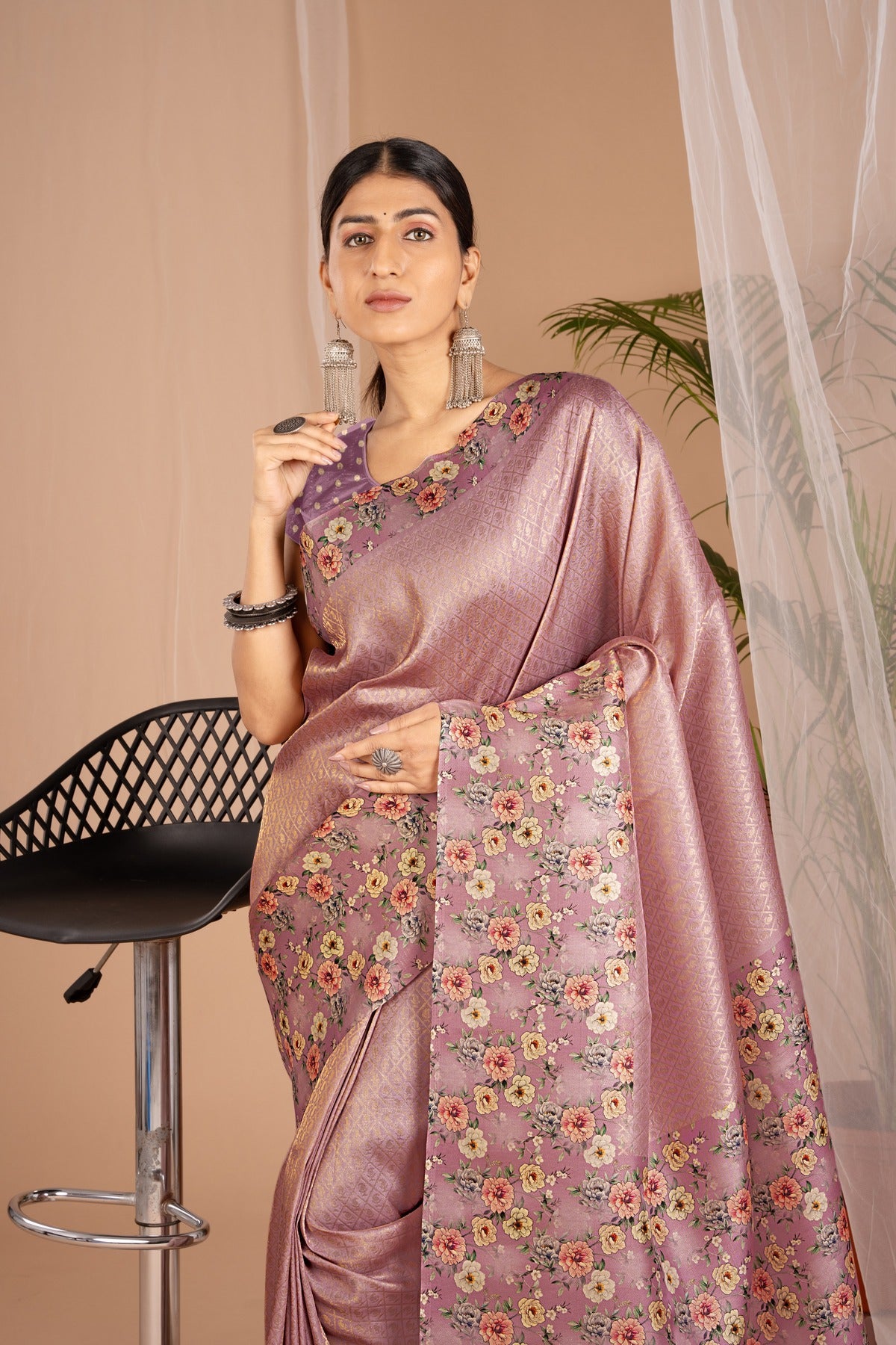 Banarasi Softy Digital Print Floral Silk Purple Colour Saree-Festive And Party Wear