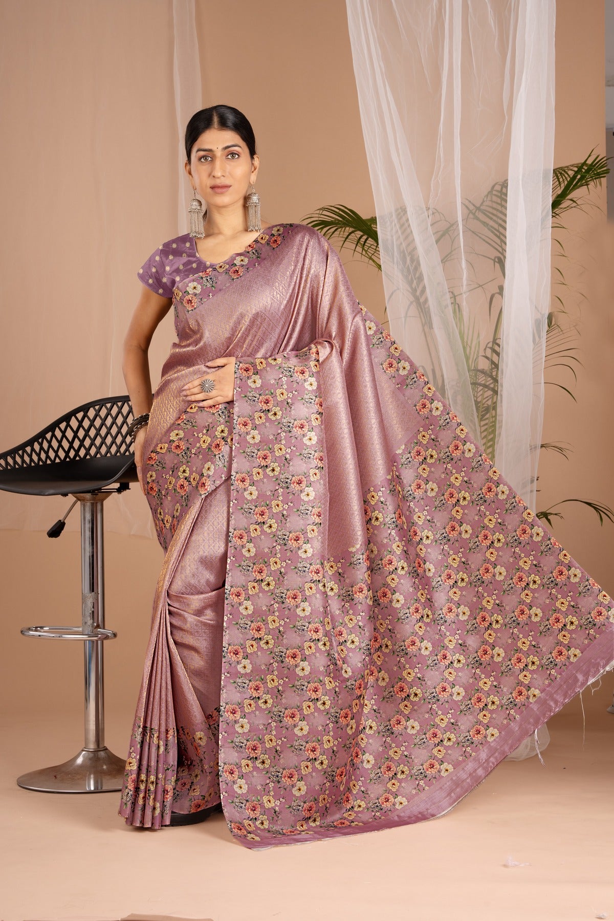 Banarasi Softy Digital Print Floral Silk Purple Colour Saree-Festive And Party Wear