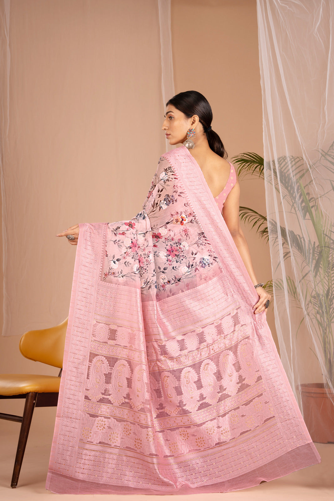 Lakhnawi Digital Print Light Pink Floral Saree