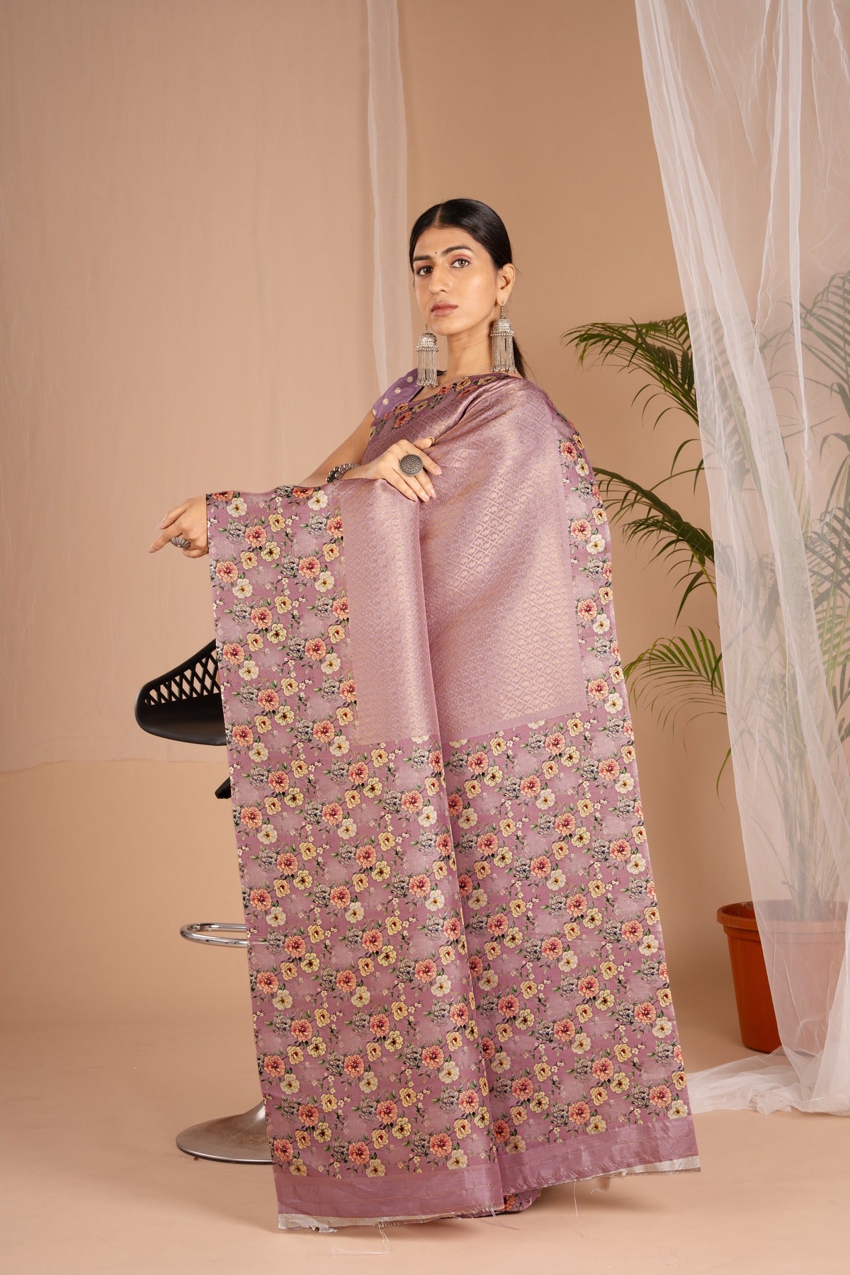 Banarasi Softy Digital Print Floral Silk Purple Colour Saree-Festive And Party Wear