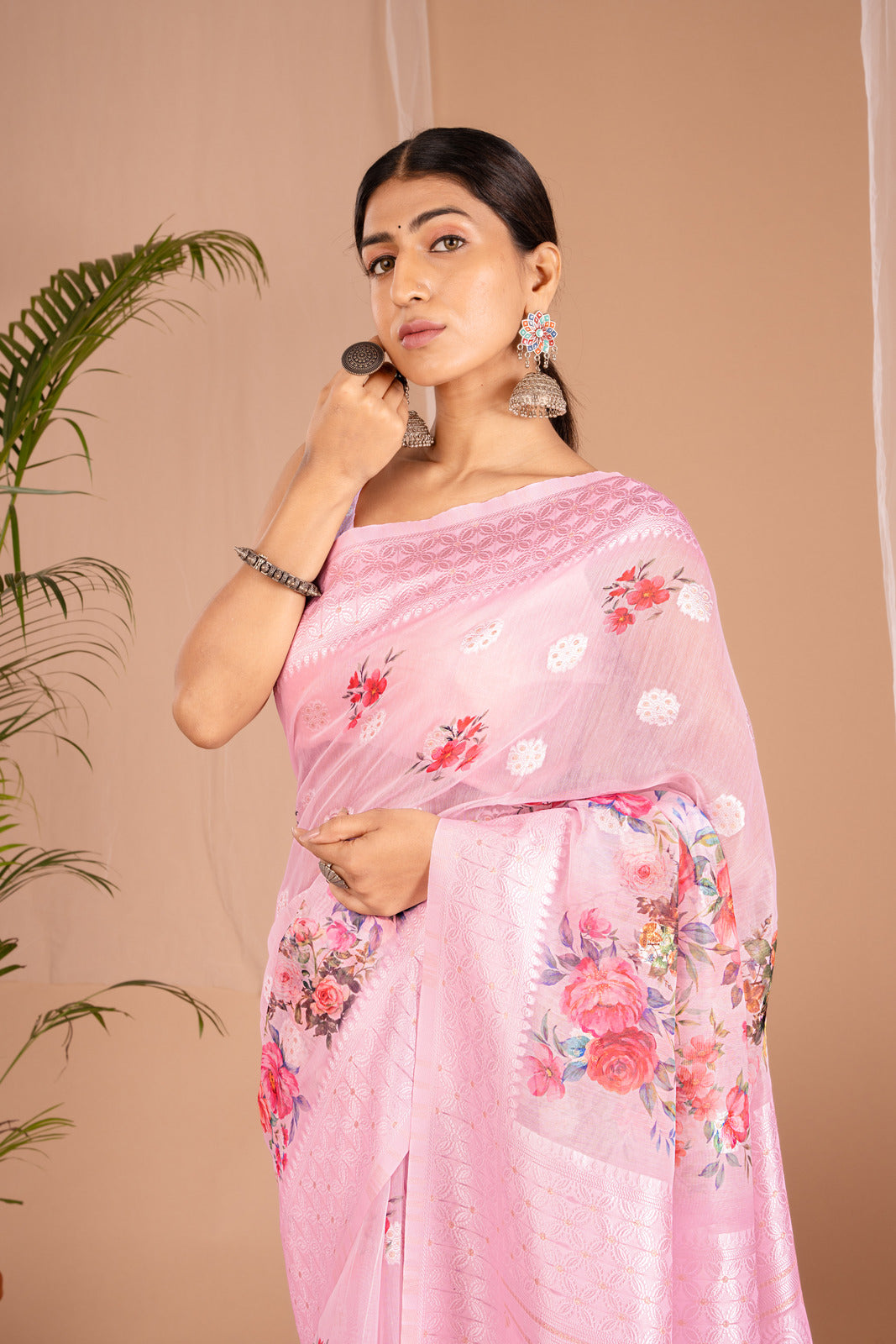 Lakhnawi Digital Print Baby Pink Floral Saree