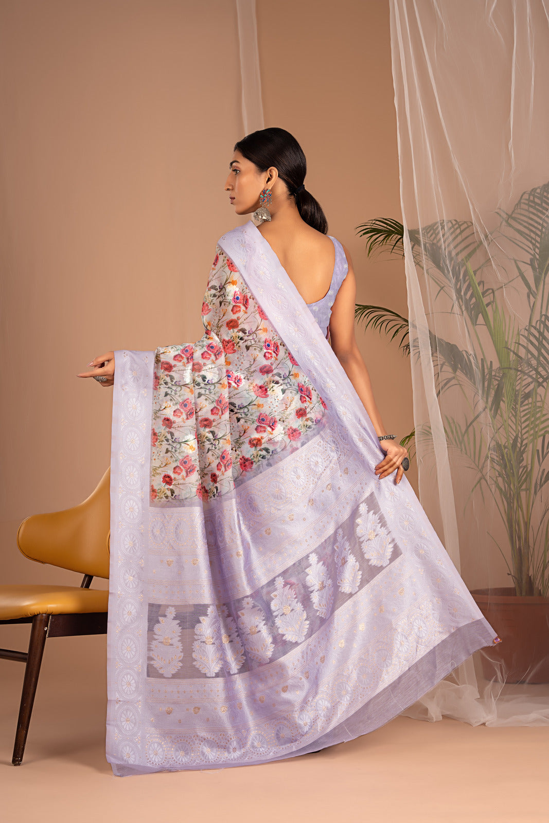 Lakhnawi Digital Print Lavender Floral Saree