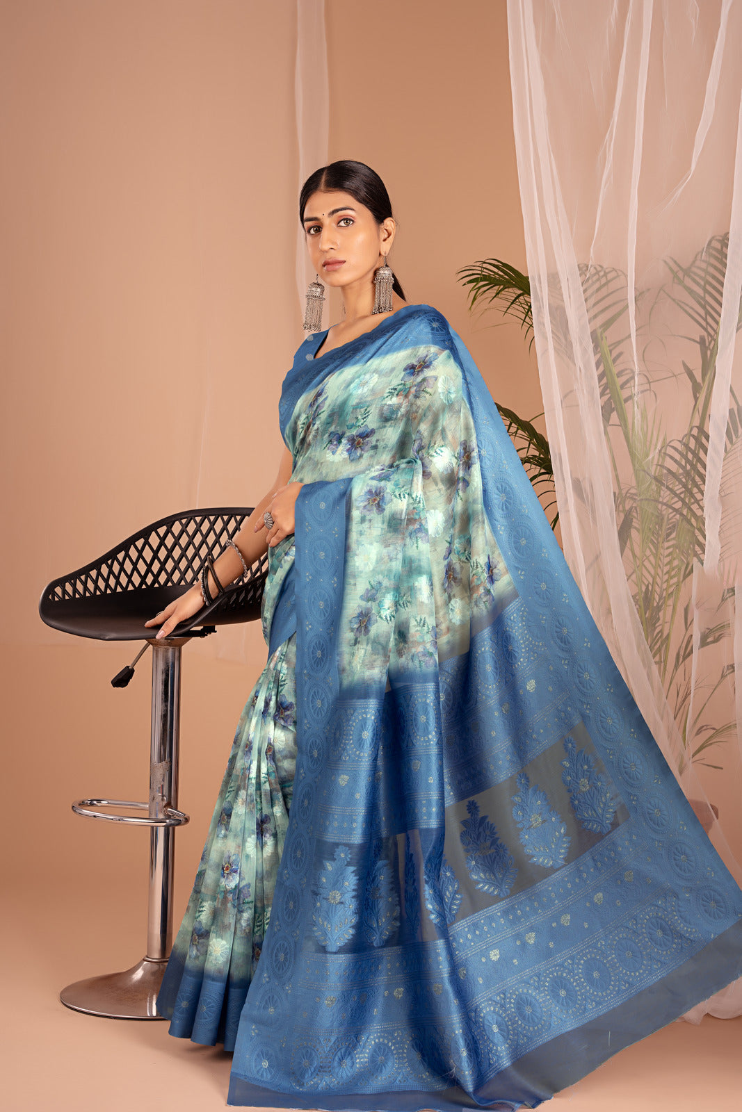 Lakhnawi Digital Print Blue floral saree