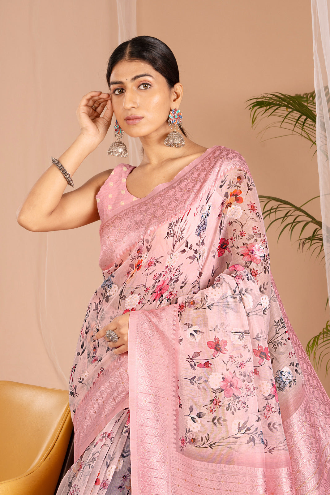 Lakhnawi Digital Print Light Pink Floral Saree