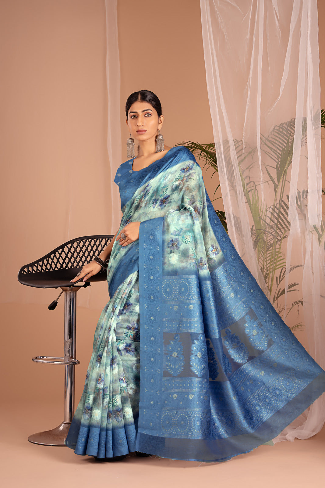 Lakhnawi Digital Print Blue floral saree