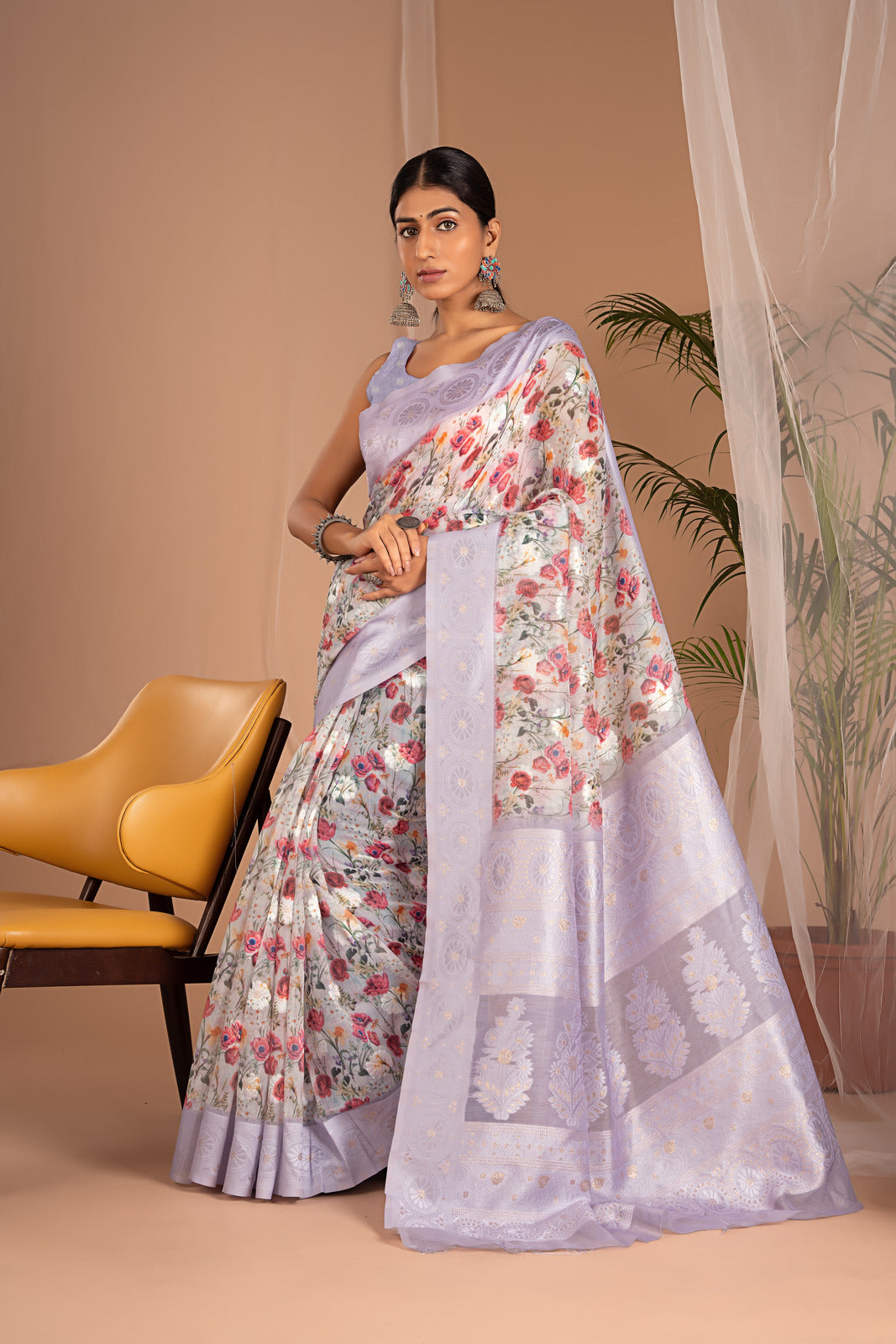 Lakhnawi Digital Print Lavender Floral Saree