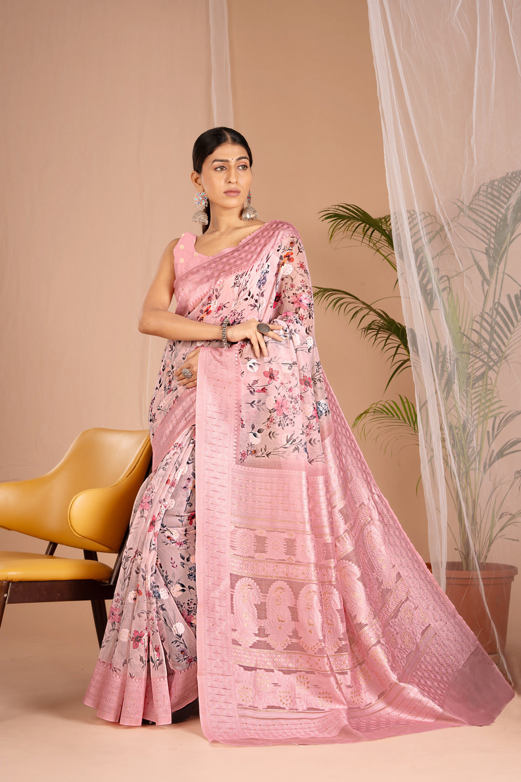Lakhnawi Digital Print Light Pink Floral Saree