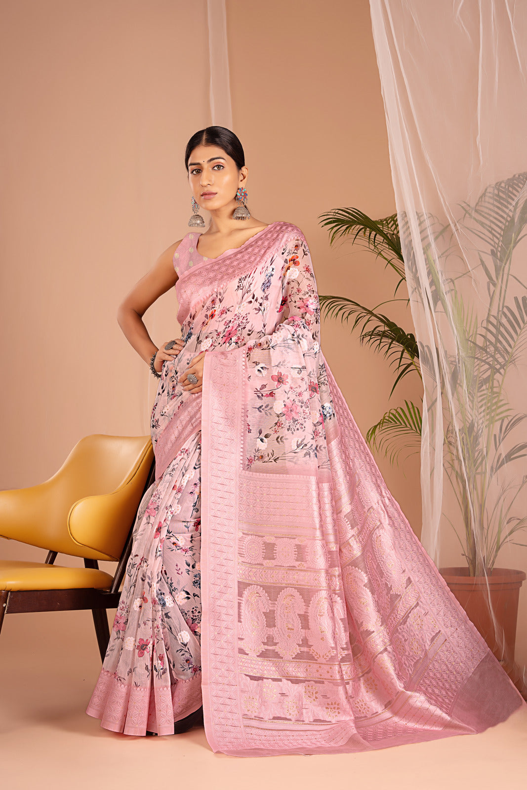 Lakhnawi Digital Print Light Pink Floral Saree
