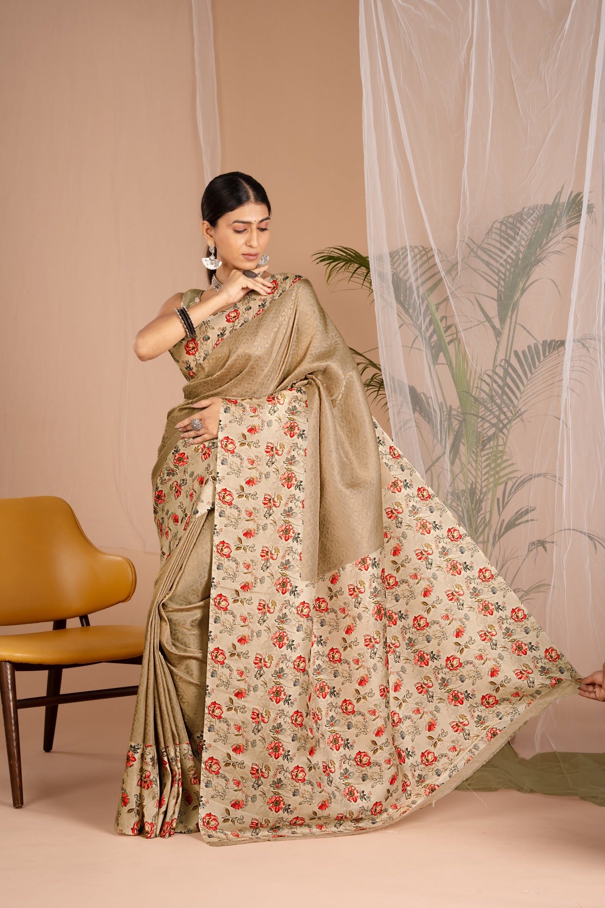 Banarasi Softy Digital Print Floral Silk Dark Yellow Saree-Festive And Party Wear
