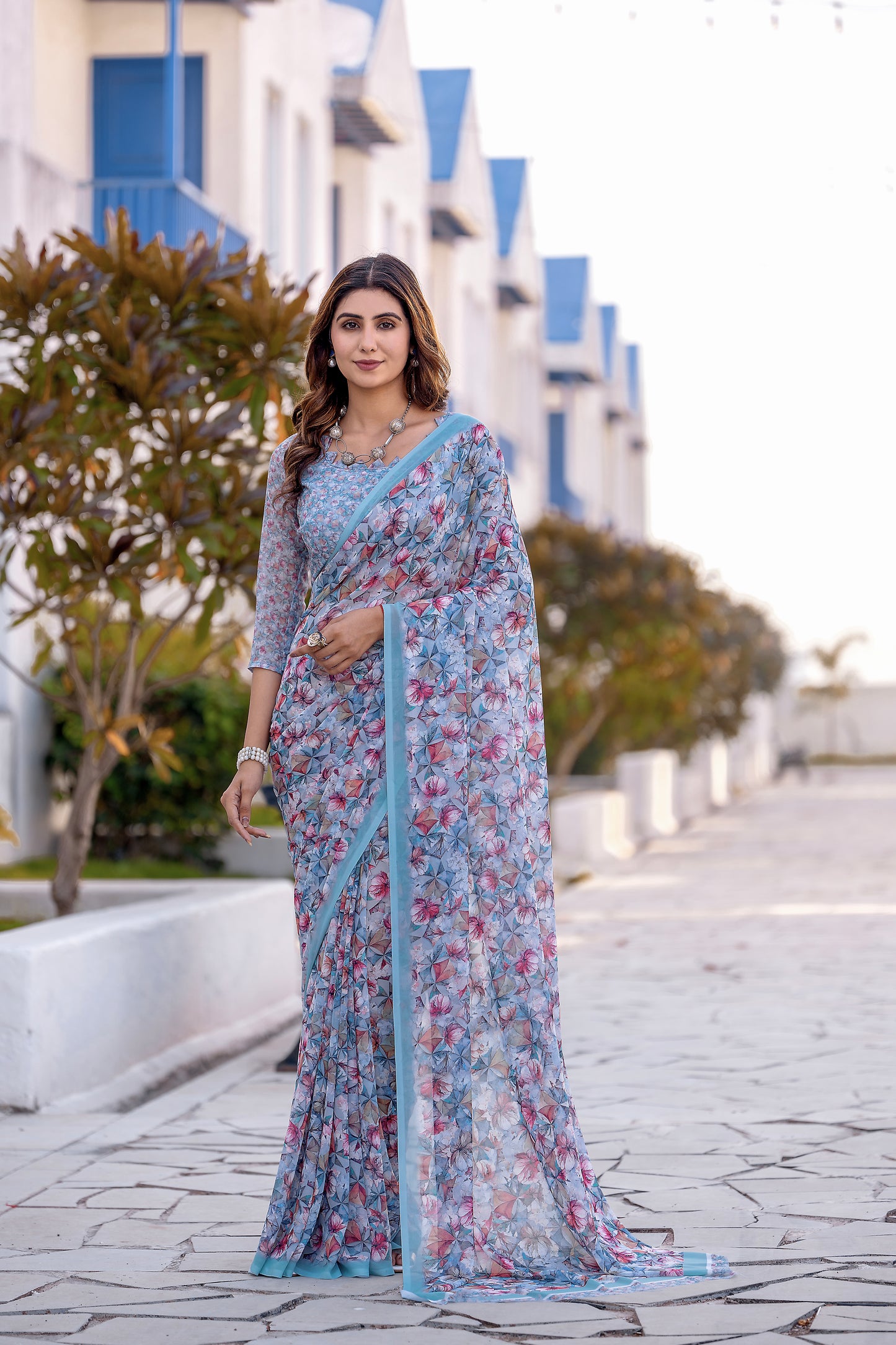 Luxurious Weightless Alice Blue Saree with Multicolored Design