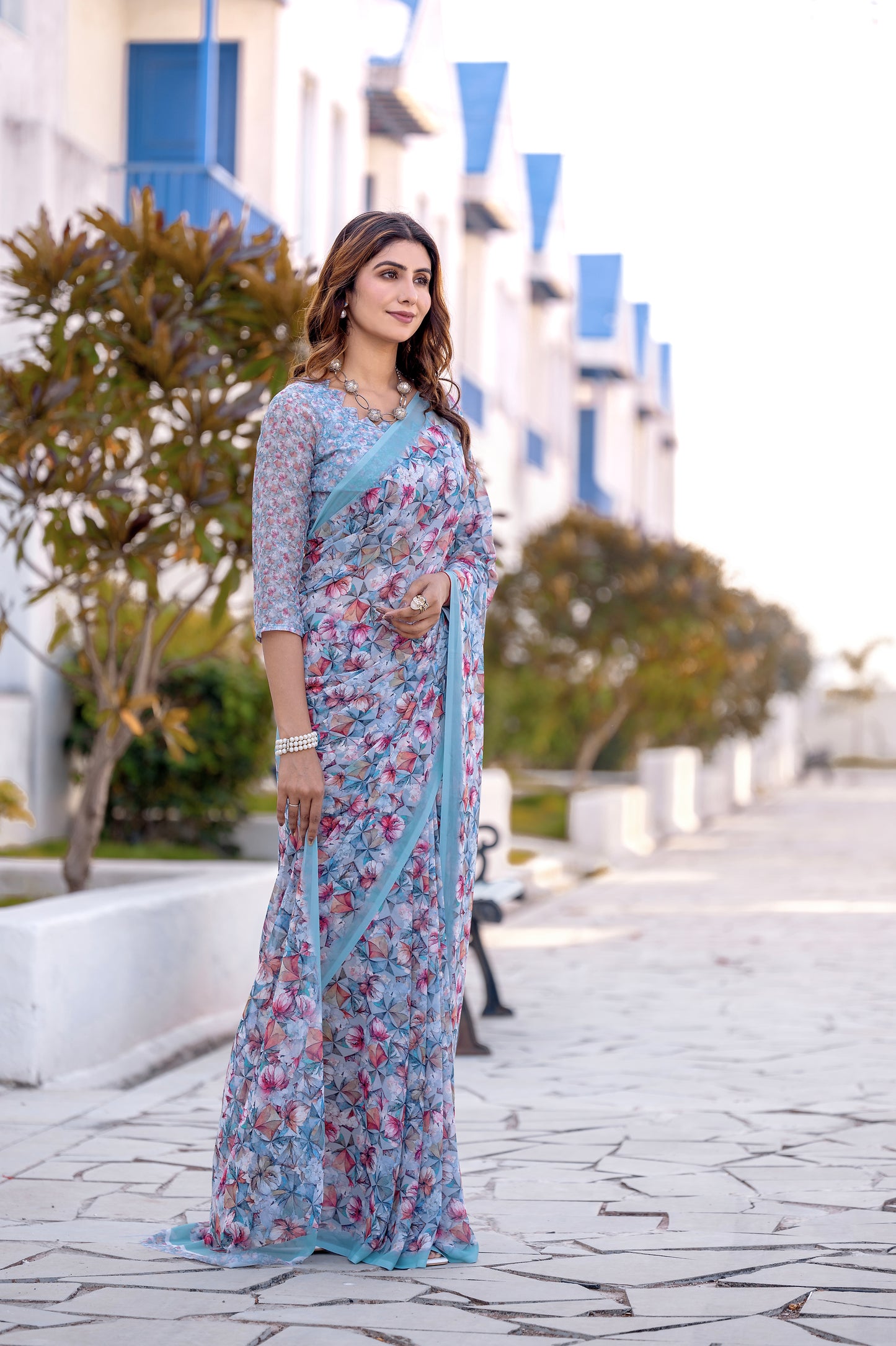 Luxurious Weightless Alice Blue Saree with Multicolored Design