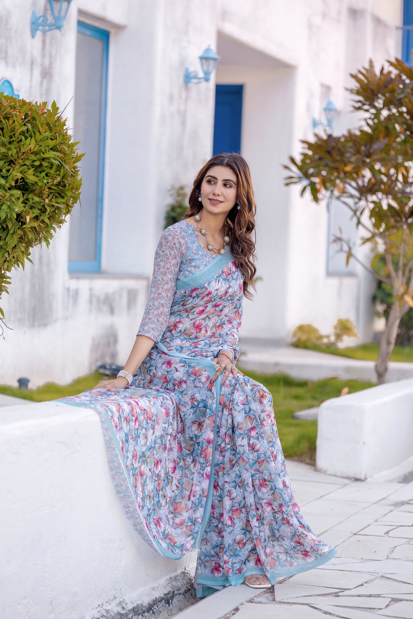 Luxurious Weightless Alice Blue Saree with Multicolored Design