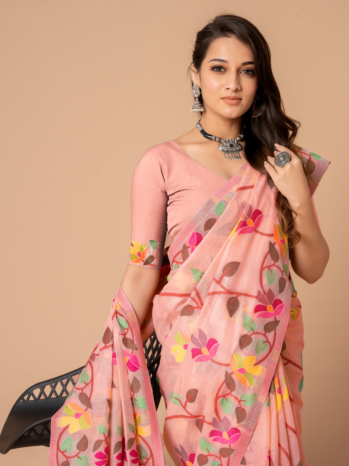 Charming Pink Cotton Muslin Saree with Multicolored Floral Jaal Design