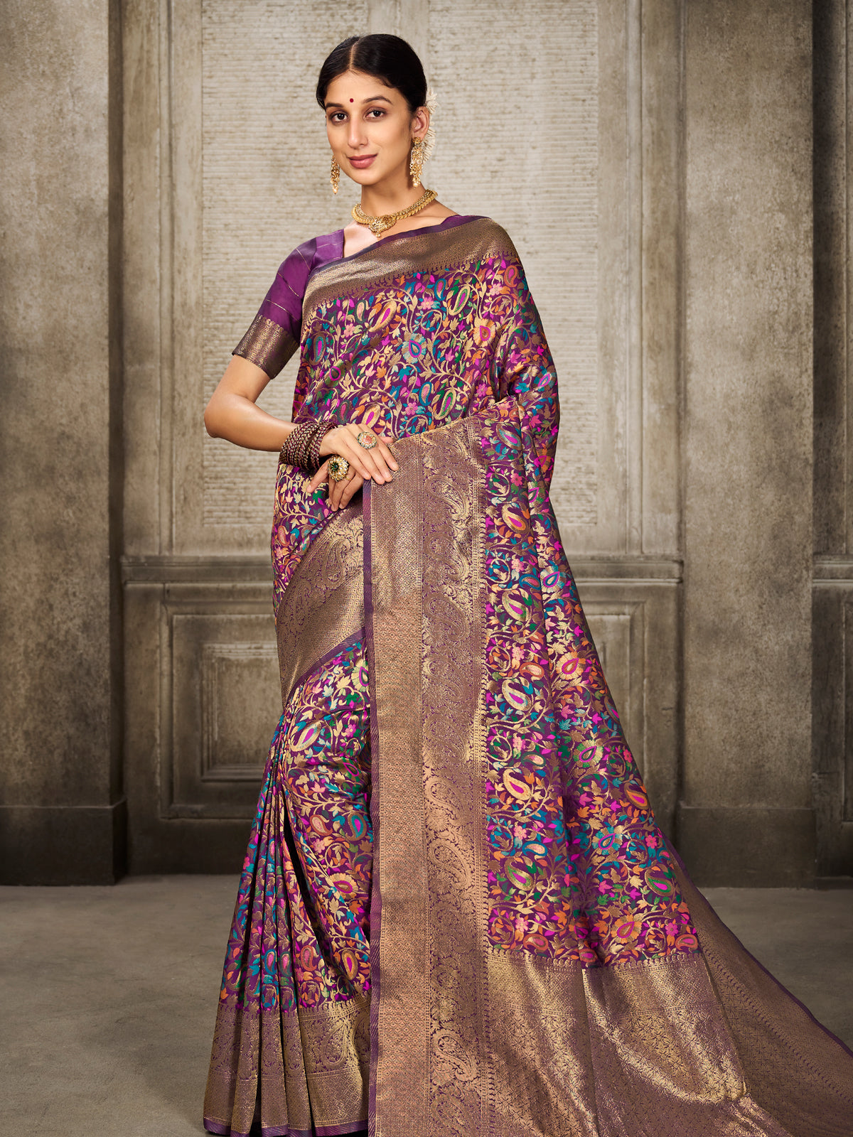 Kanjivaram Silk Gold Saree with Antique Gold Minakari Kani Work