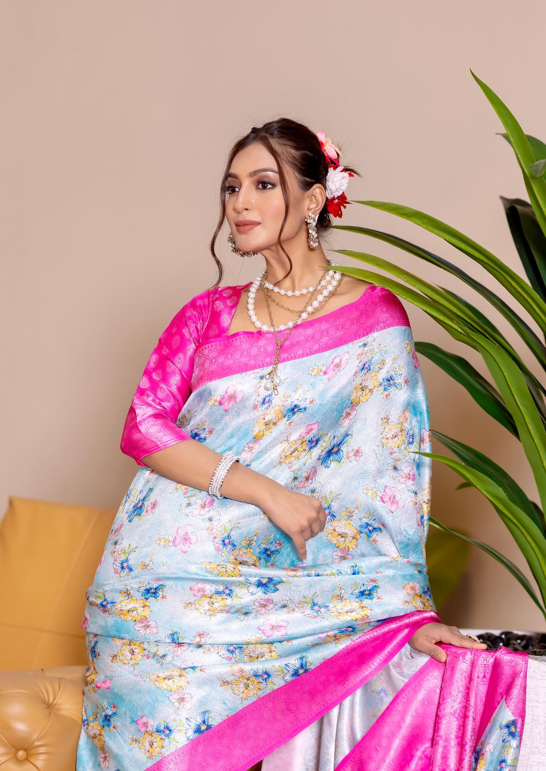 Banarasi Softy Digital Print Floral Silk Rani Pink Saree-Festive And Party Wear