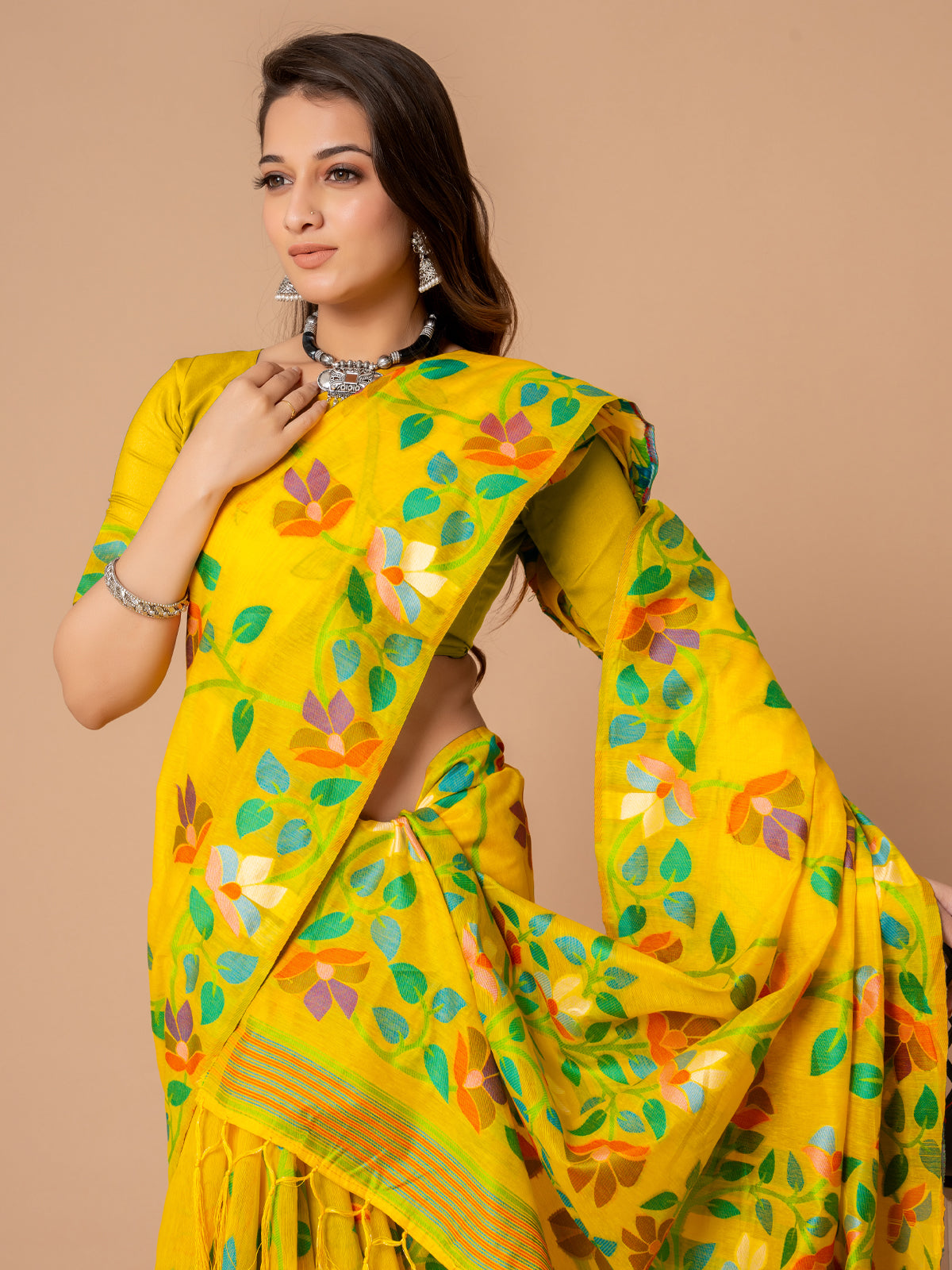 Sunny Yellow Cotton Muslin Saree with Multicolored Floral Jaal Patterns
