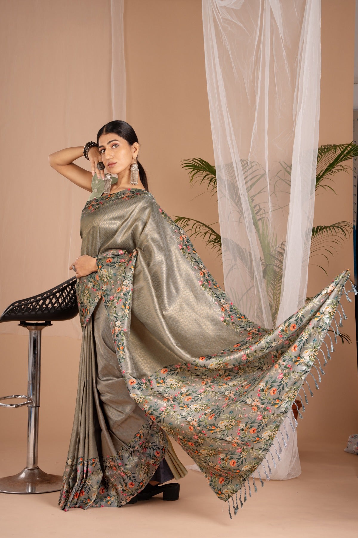 Banarasi Softy Digital Print Floral Silk Dark Gold Saree-Festive And Party Wear