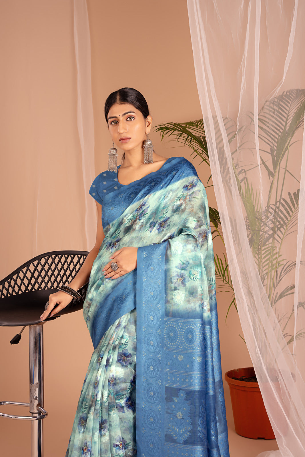Lakhnawi Digital Print Blue floral saree