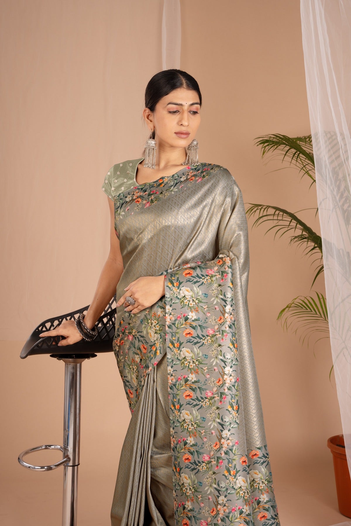 Banarasi Softy Digital Print Floral Silk Dark Gold Saree-Festive And Party Wear