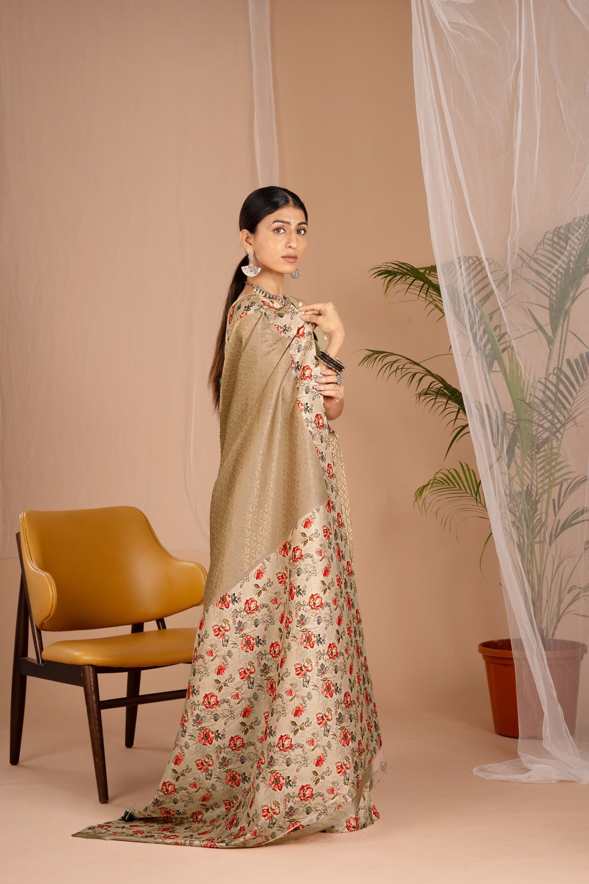 Banarasi Softy Digital Print Floral Silk Dark Yellow Saree-Festive And Party Wear