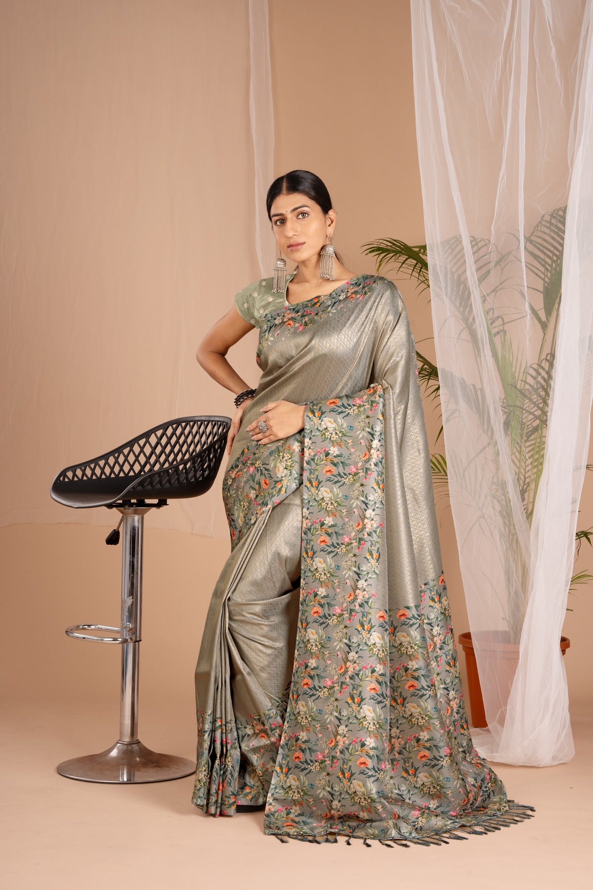 Banarasi Softy Digital Print Floral Silk Dark Gold Saree-Festive And Party Wear