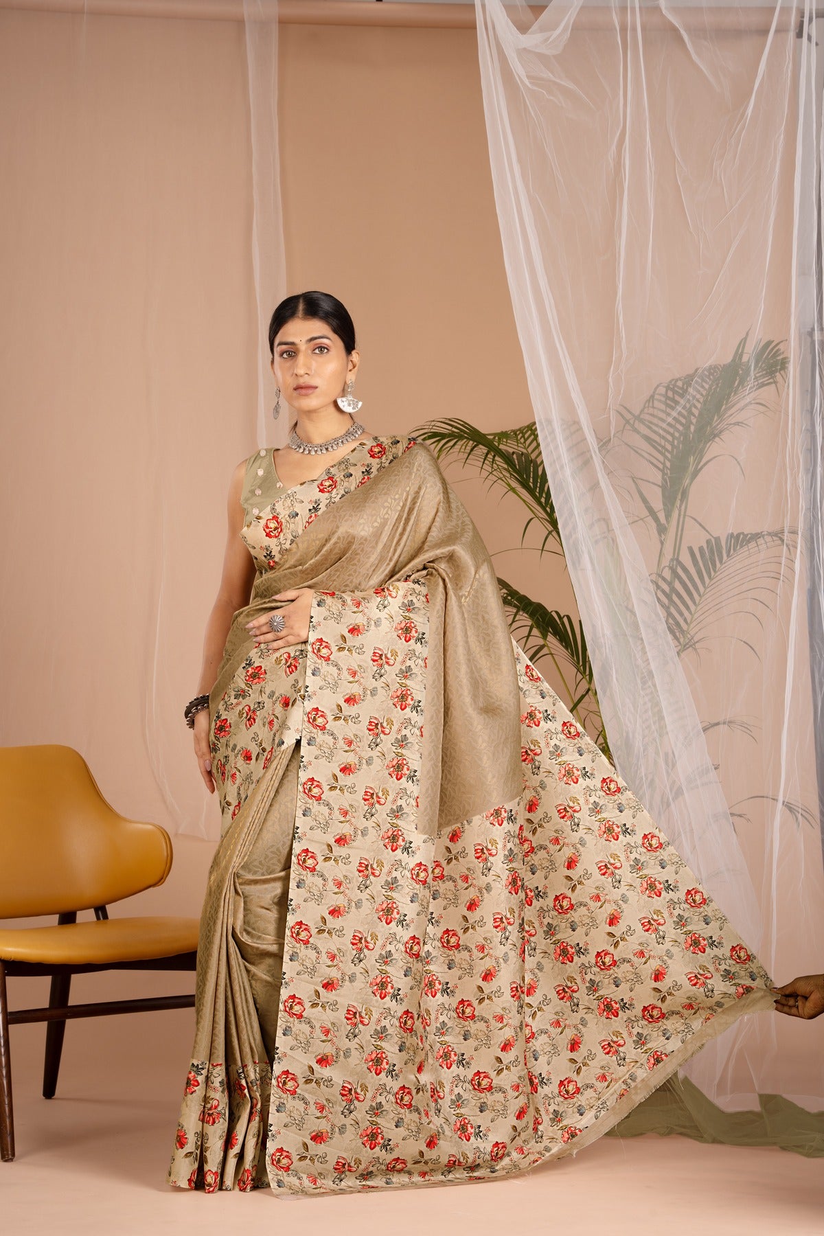 Banarasi Softy Digital Print Floral Silk Dark Yellow Saree-Festive And Party Wear