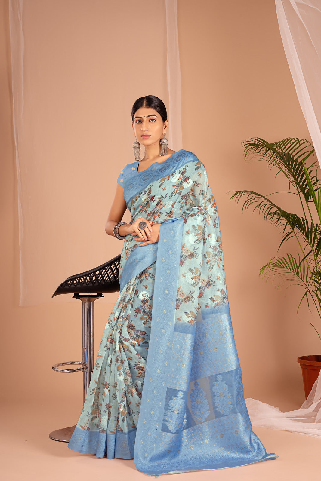 Lakhnawi Digital Print Powder Blue Floral Saree