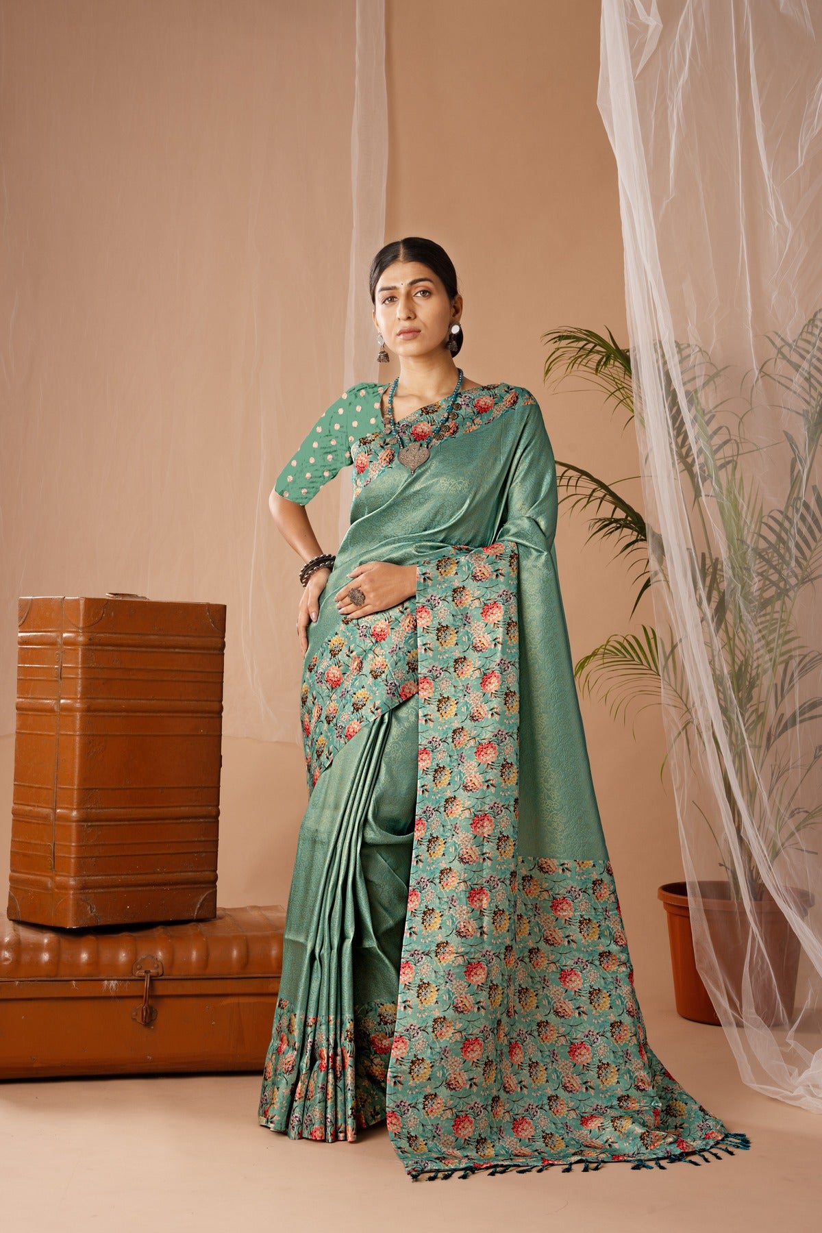 Banarasi Softy Digital Print Floral Silk Green Colour Saree-Festive And Party Wear