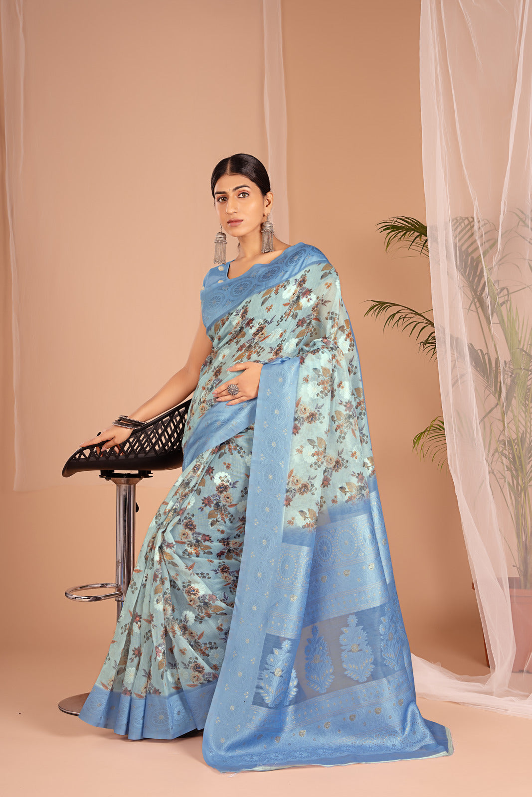 Lakhnawi Digital Print Powder Blue Floral Saree