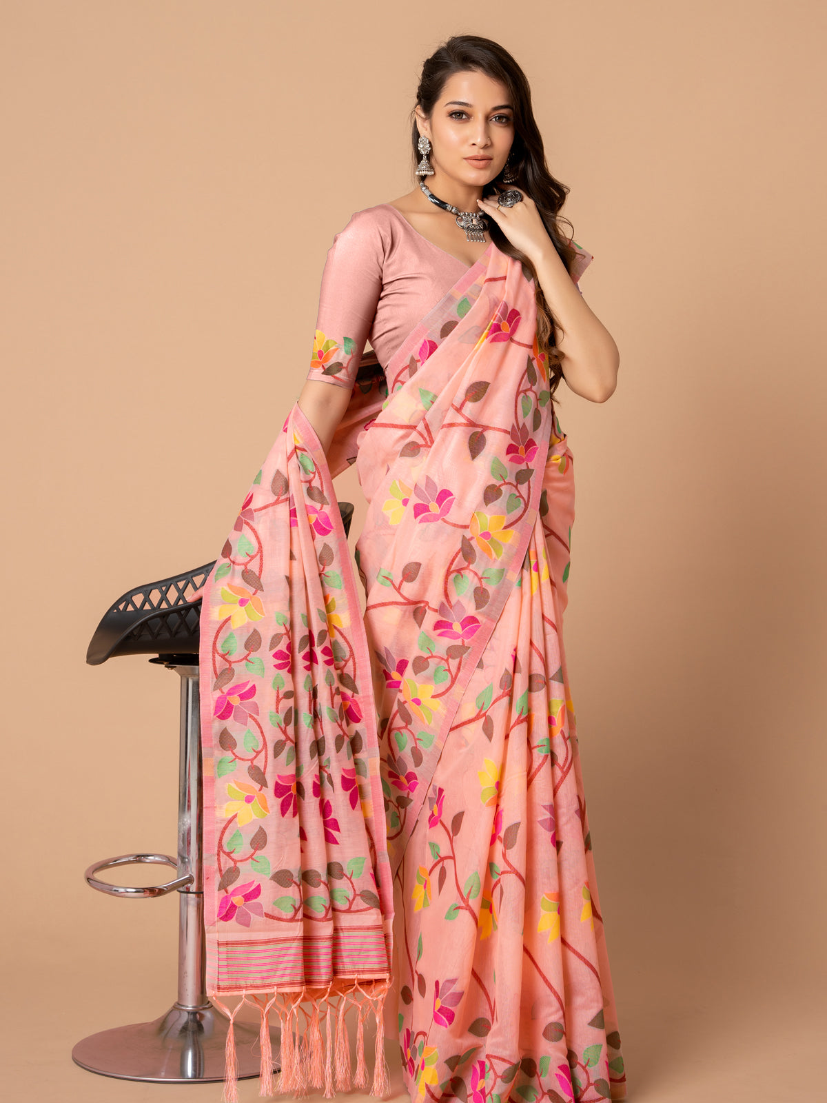Charming Pink Cotton Muslin Saree with Multicolored Floral Jaal Design