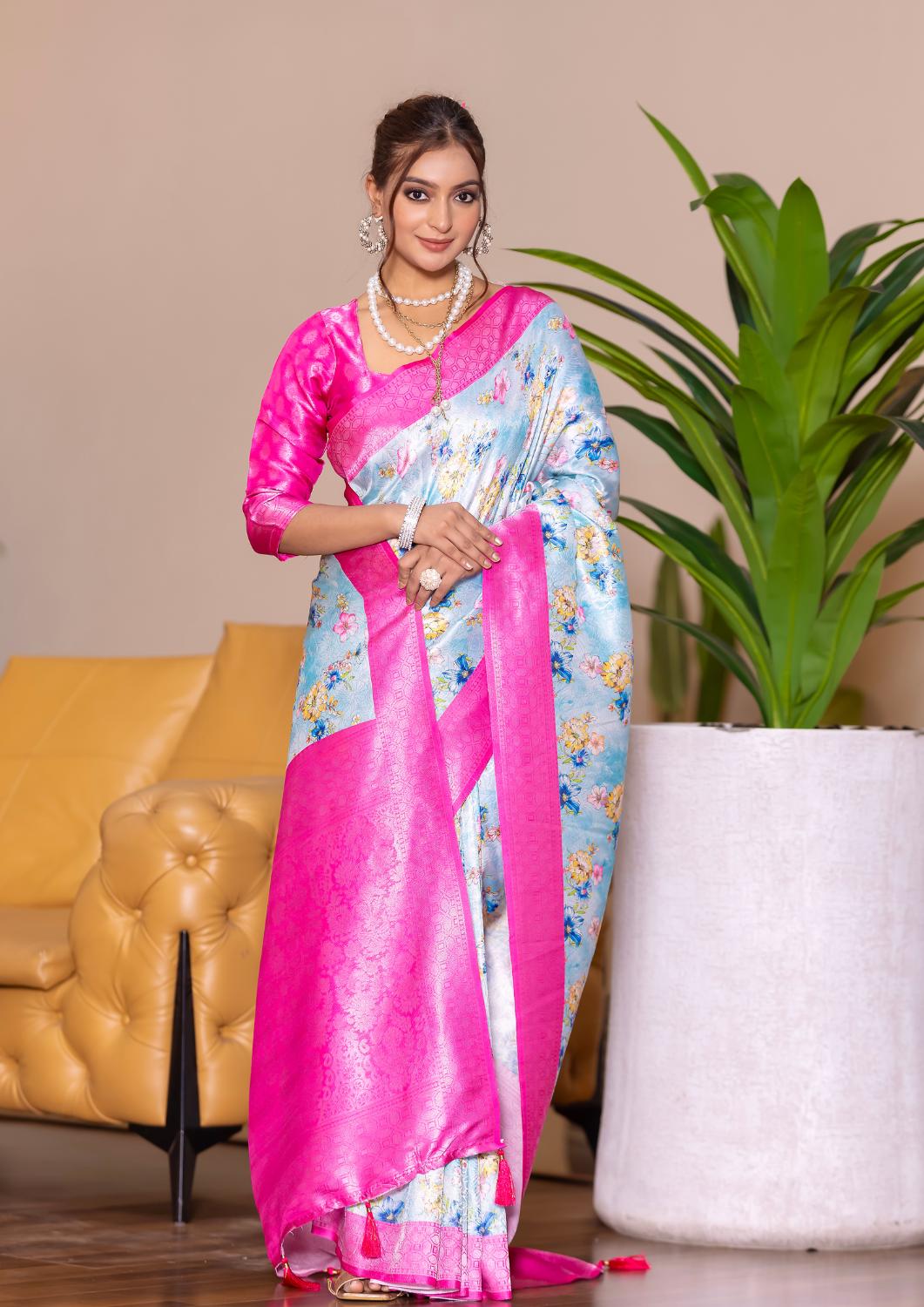Banarasi Softy Digital Print Floral Silk Rani Pink Saree-Festive And Party Wear
