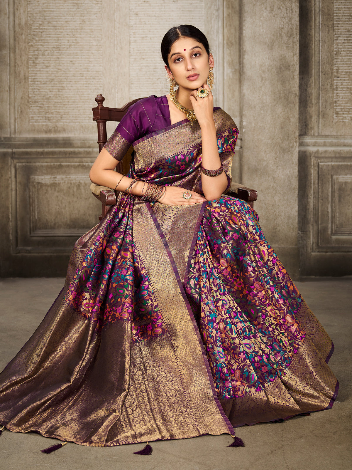 Kanjivaram Silk Gold Saree with Antique Gold Minakari Kani Work