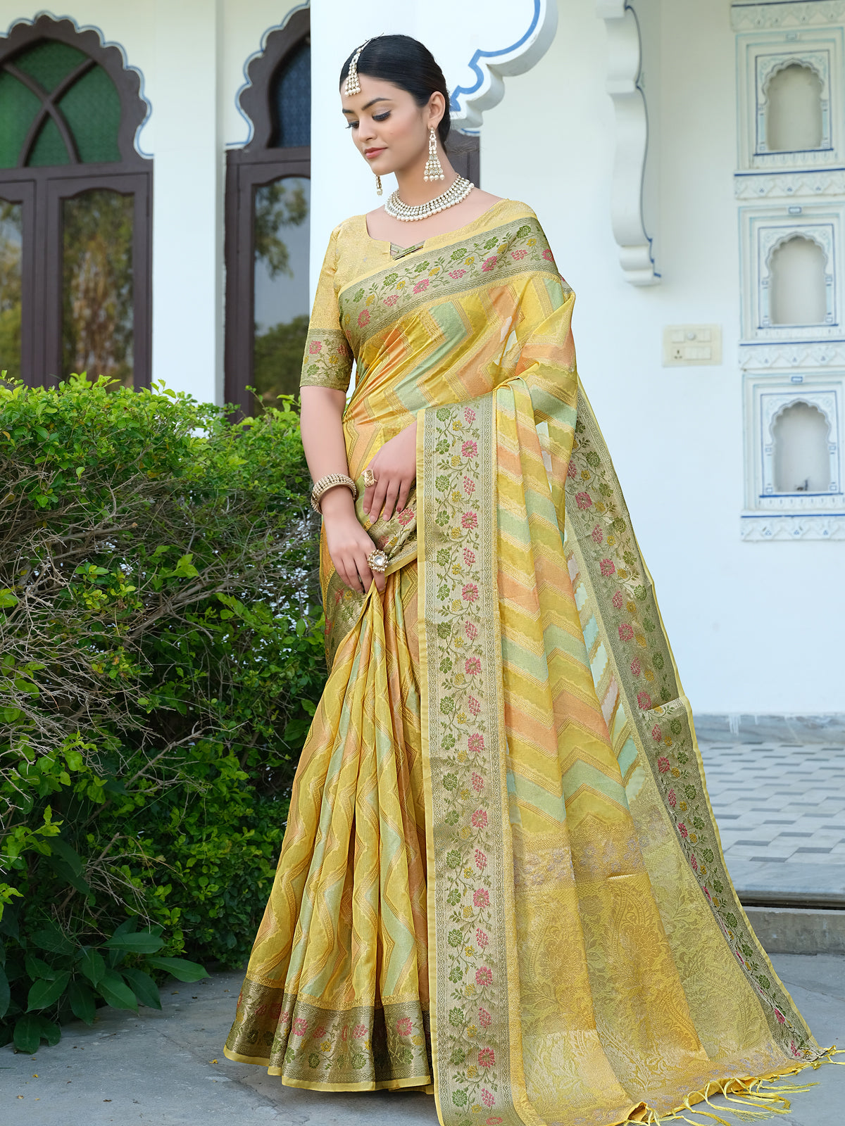 Orange Organza Saree with Multicolored Zari Embroidery