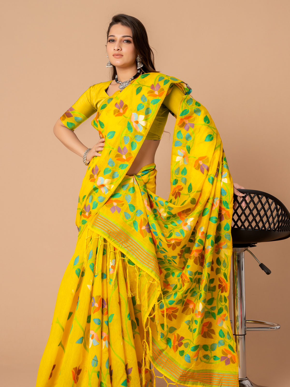 Sunny Yellow Cotton Muslin Saree with Multicolored Floral Jaal Patterns