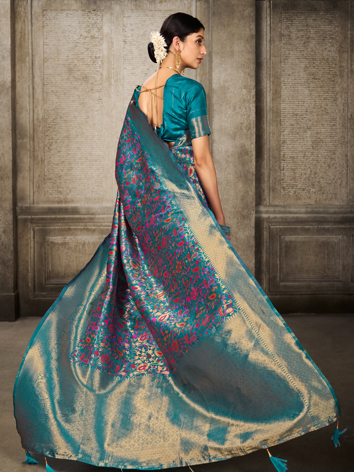Kanjivaram Silk Turquoise Saree with Antique Gold Minakari Kani Work