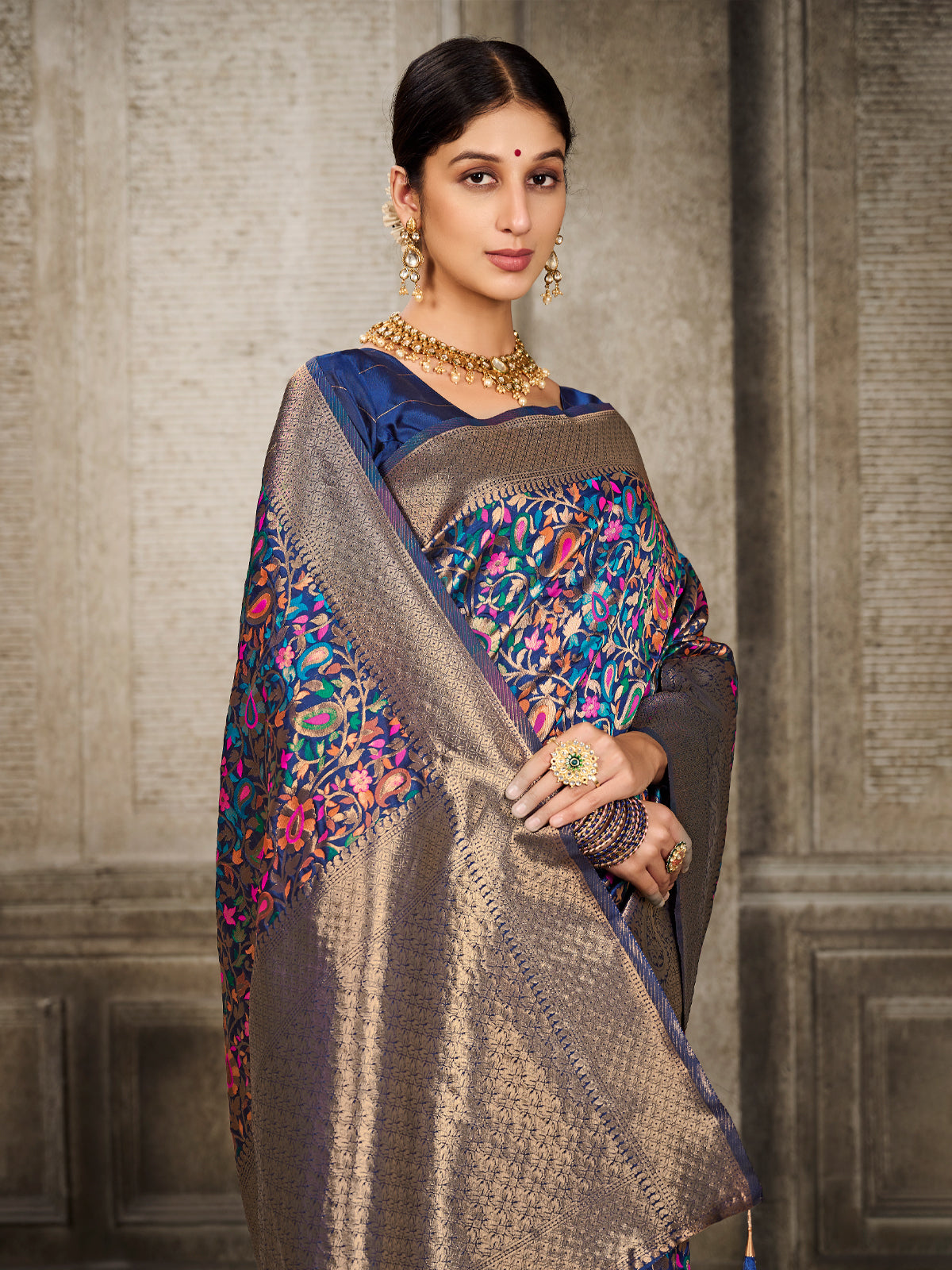 Kanjivaram Silk Navy Blue Saree with Antique Gold Minakari Kani Work