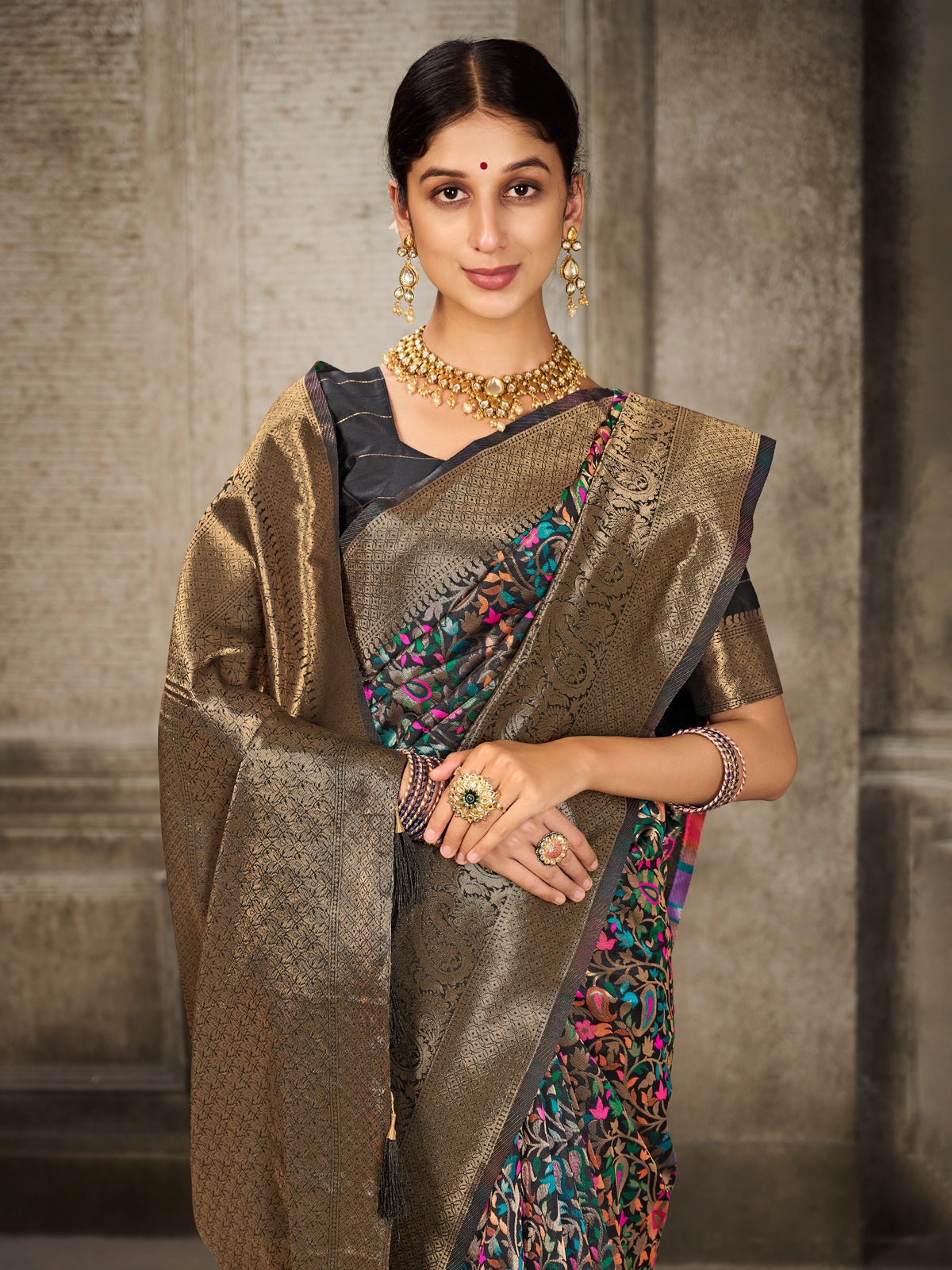 Kanjivaram Silk Black Saree with Antique Gold Minakari Kani Work