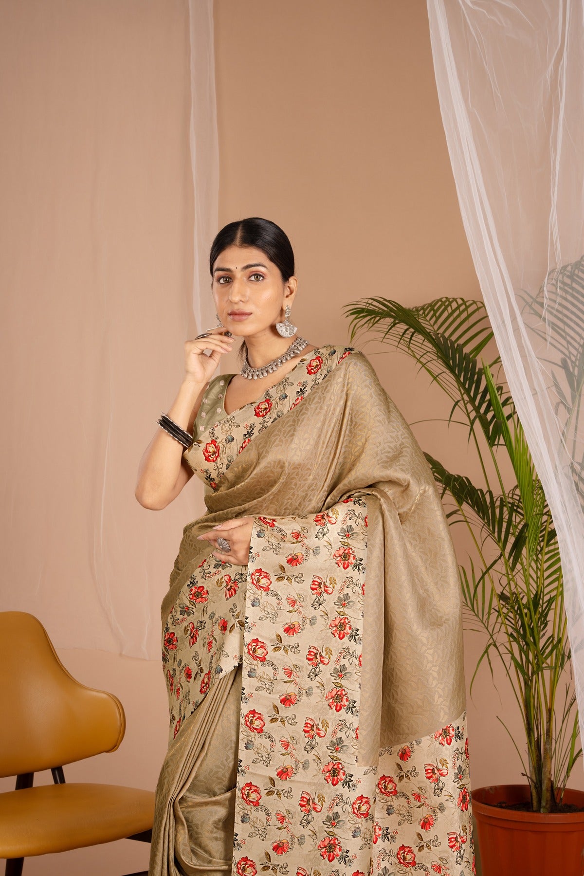 Banarasi Softy Digital Print Floral Silk Dark Yellow Saree-Festive And Party Wear