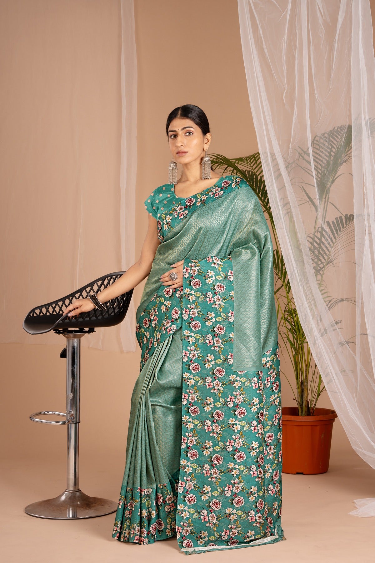 Banarasi Softy Digital Print Floral Silk Fungi Green Saree-Festive And Party Wear