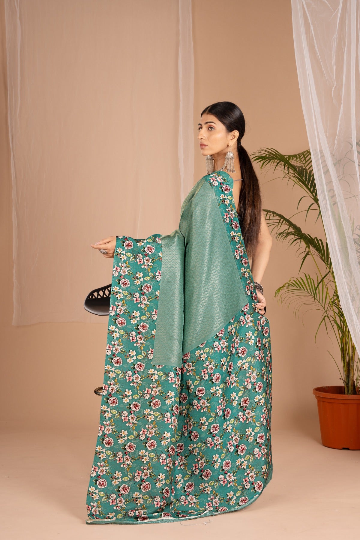 Banarasi Softy Digital Print Floral Silk Fungi Green Saree-Festive And Party Wear