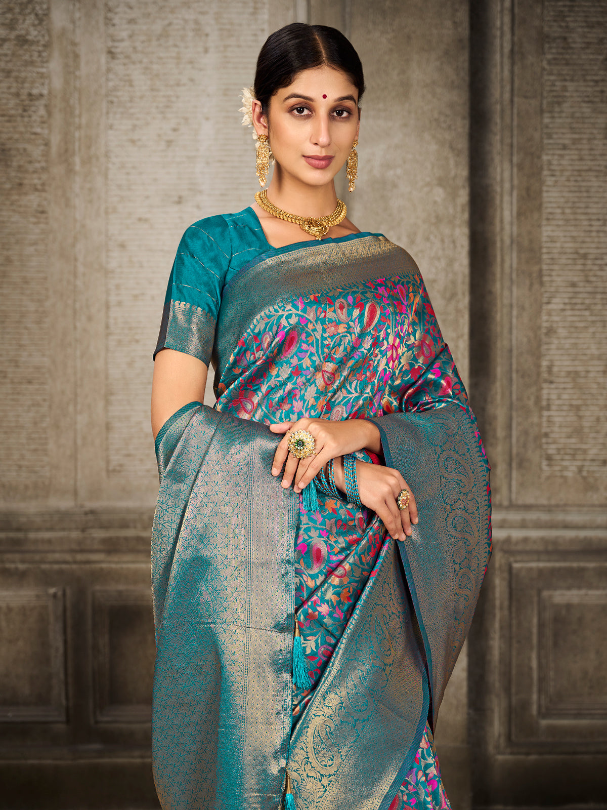 Kanjivaram Silk Turquoise Saree with Antique Gold Minakari Kani Work