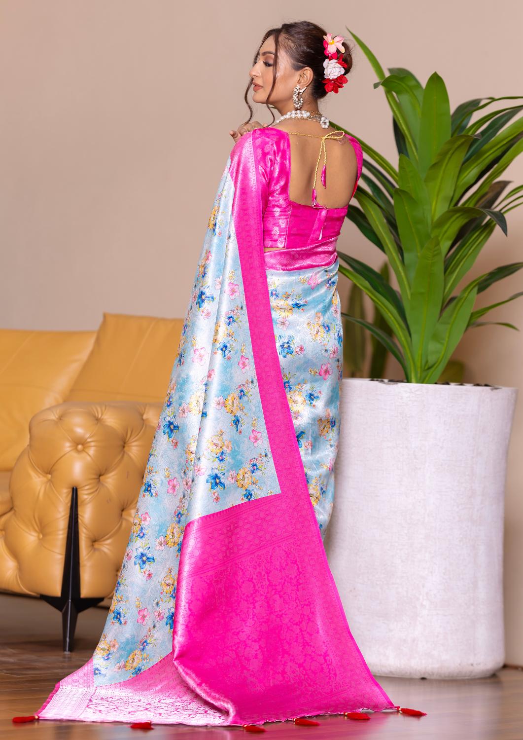 Banarasi Softy Digital Print Floral Silk Rani Pink Saree-Festive And Party Wear