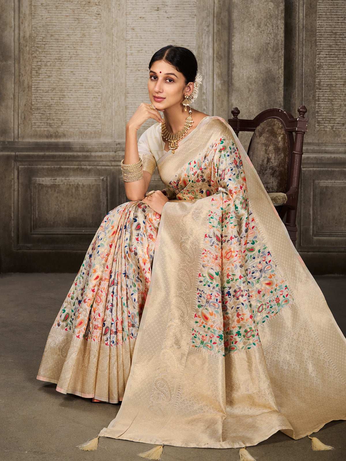 Kanjivaram Silk White Saree with Antique Gold Minakari Kani Work