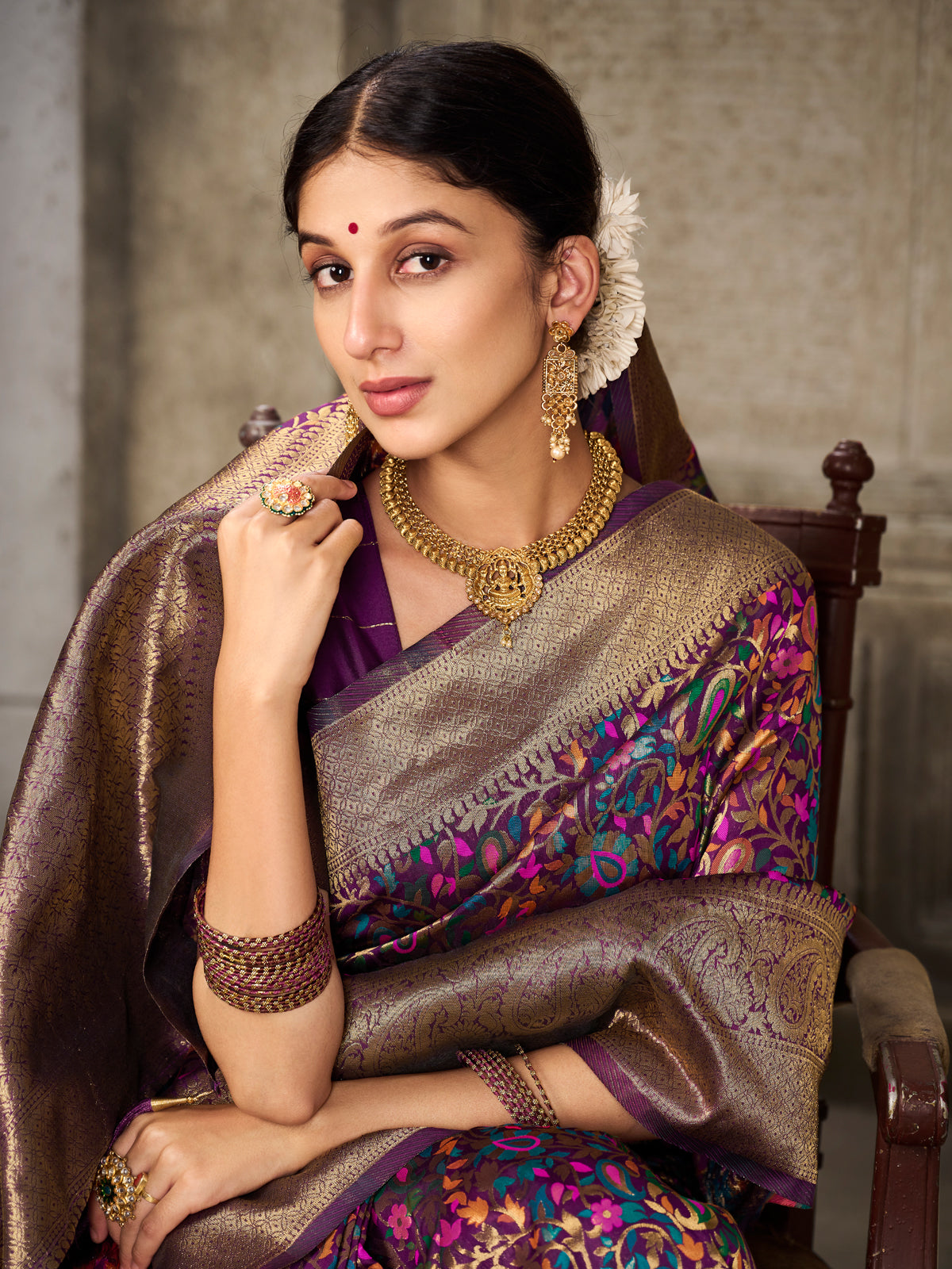 Kanjivaram Silk Gold Saree with Antique Gold Minakari Kani Work