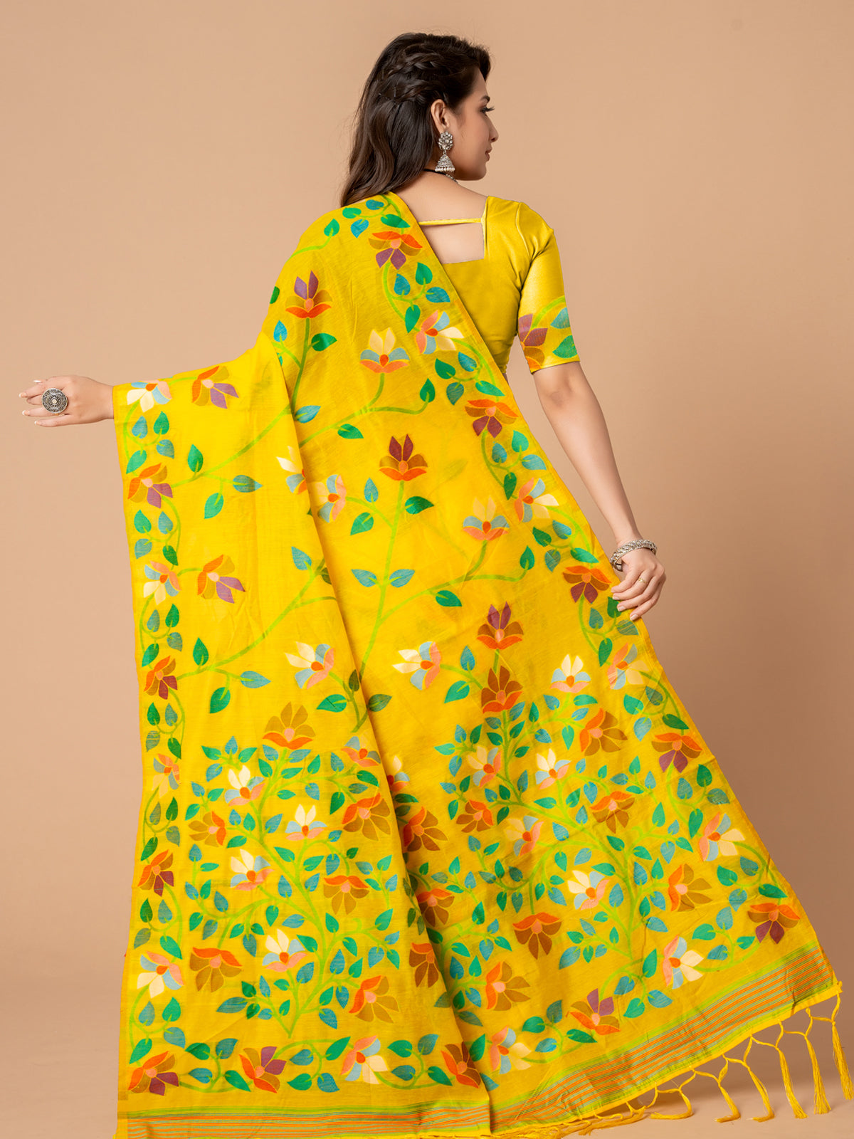Sunny Yellow Cotton Muslin Saree with Multicolored Floral Jaal Patterns