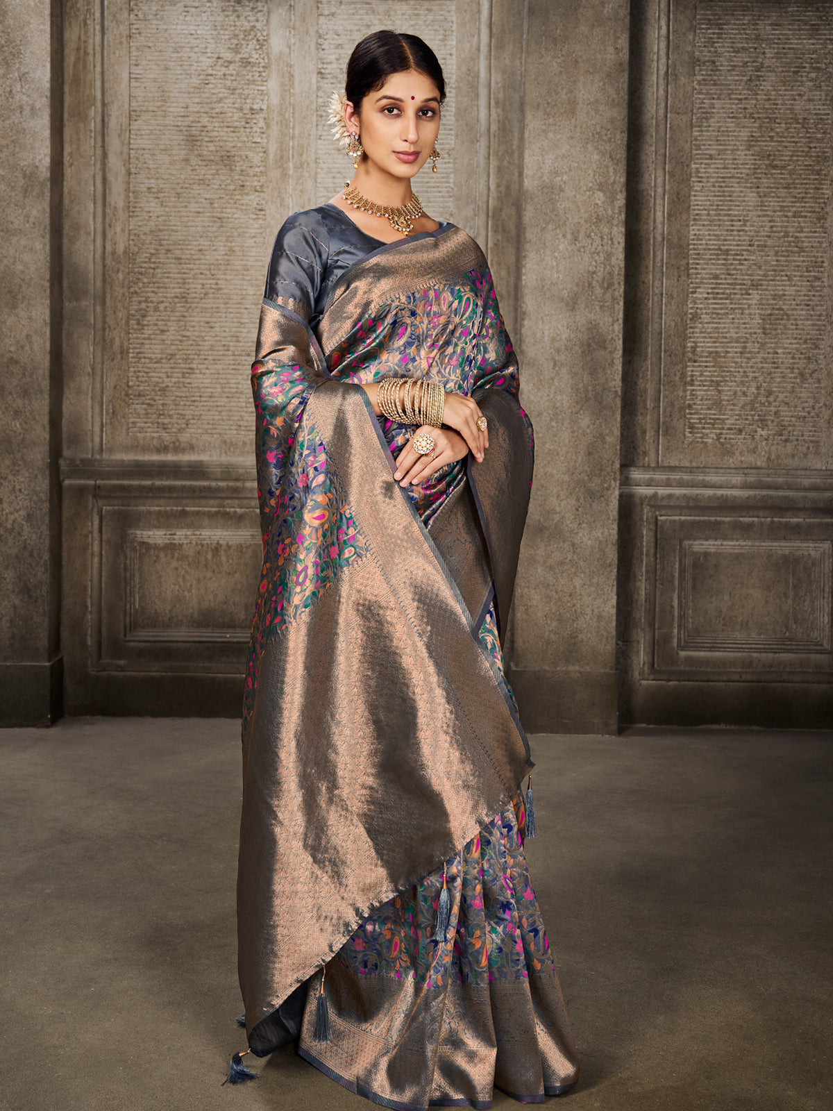 Kanjivaram Silk Grey Saree with Antique Gold Minakari Kani Work