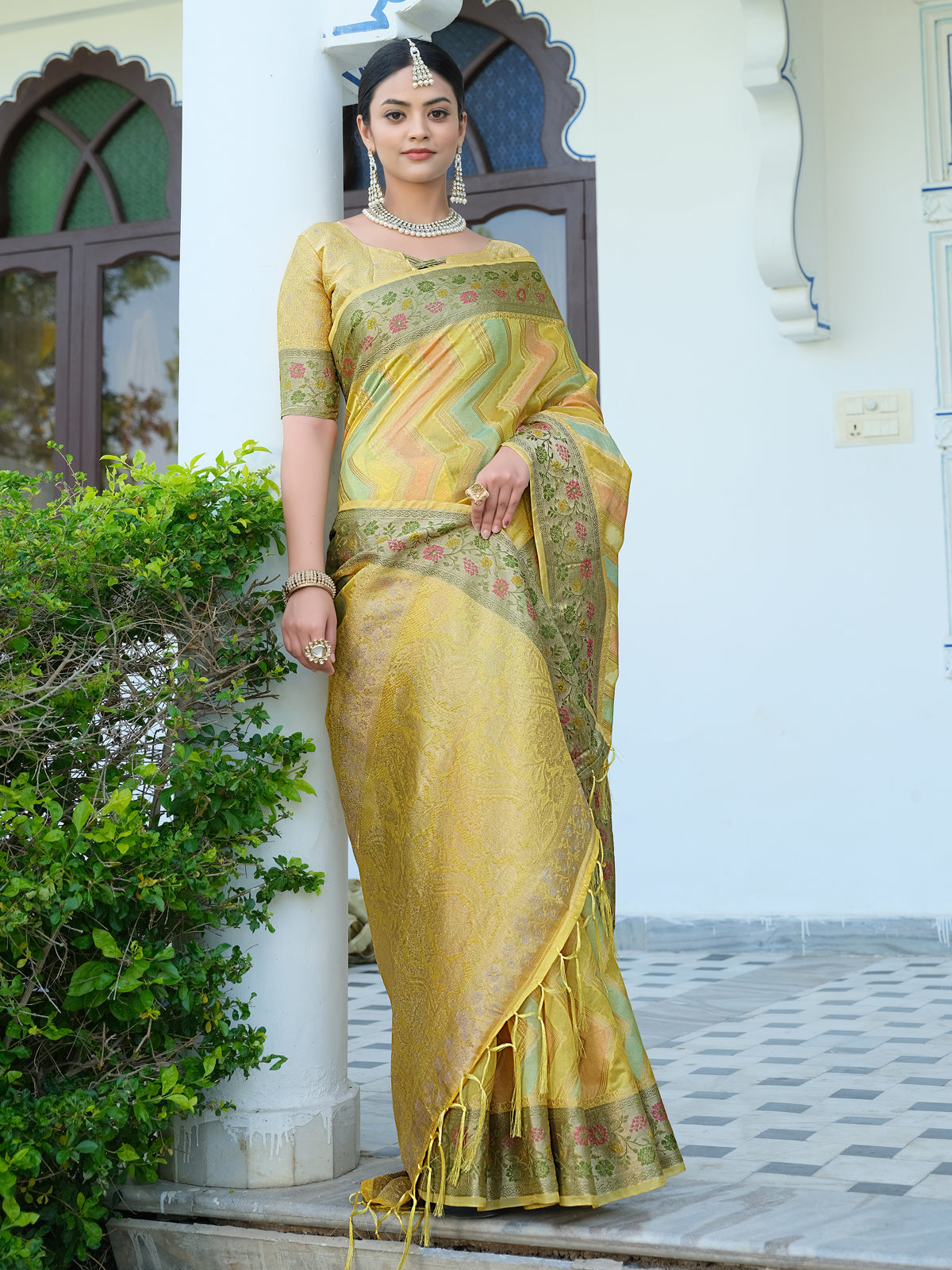 Orange Organza Saree with Multicolored Zari Embroidery