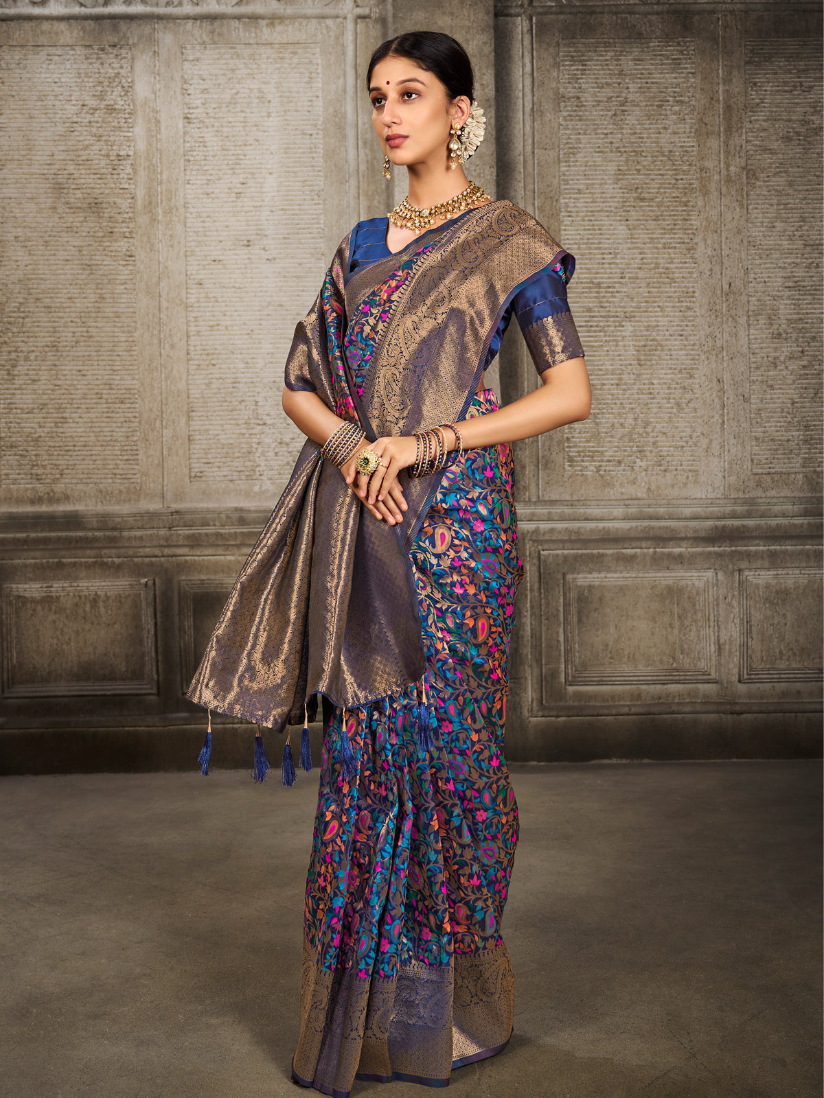 Kanjivaram Silk Navy Blue Saree with Antique Gold Minakari Kani Work
