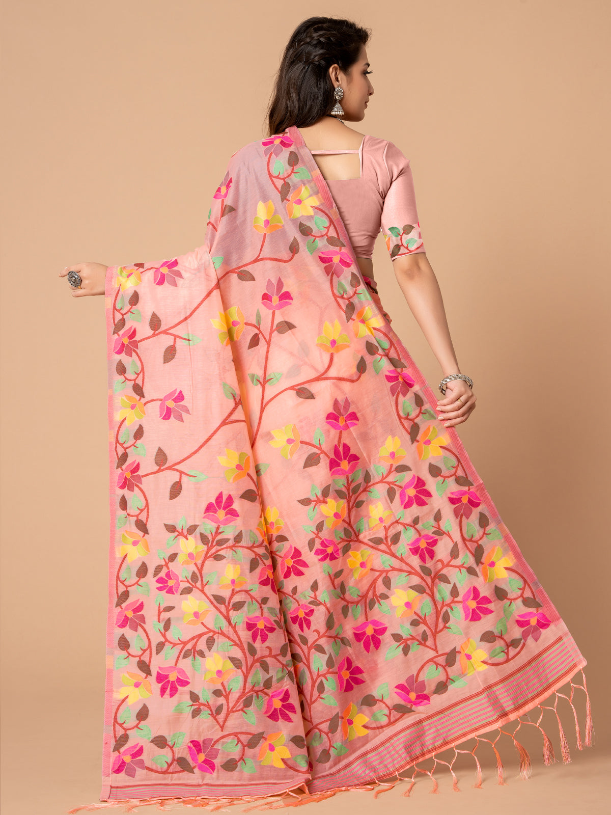 Charming Pink Cotton Muslin Saree with Multicolored Floral Jaal Design