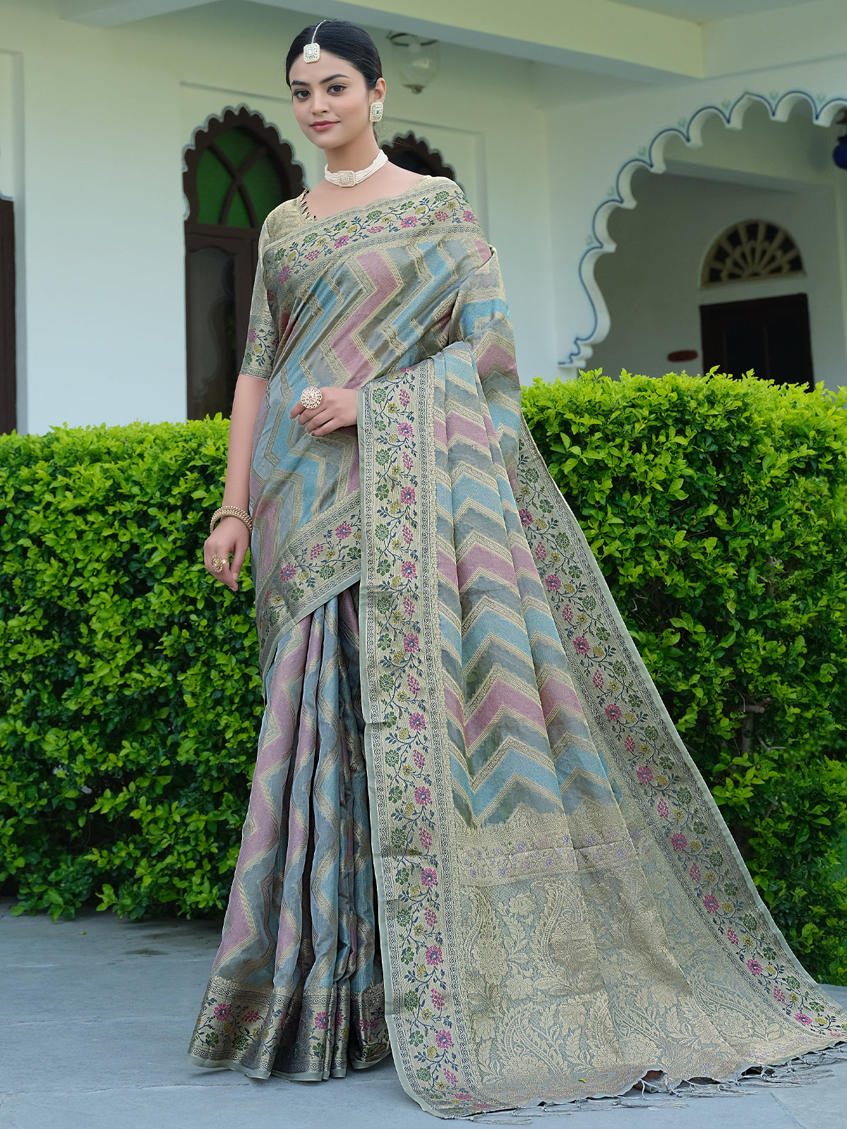 Rangkat Organza Saree with Multicolored Zari Embroidery